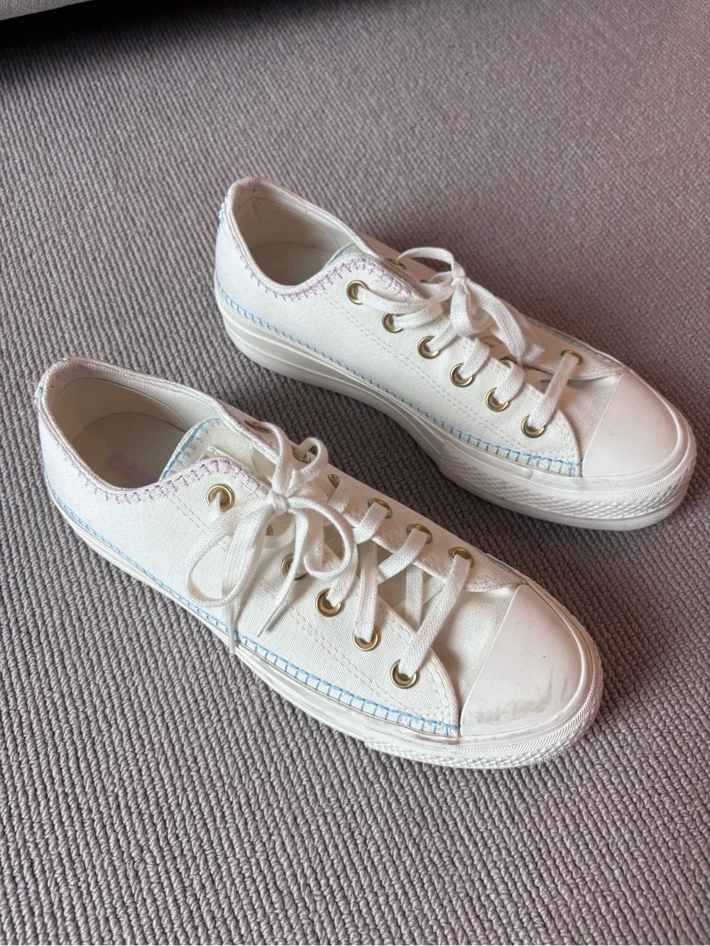 Converse White Low-Top Canvas Platform with Gold Eyelets and pastel stitching